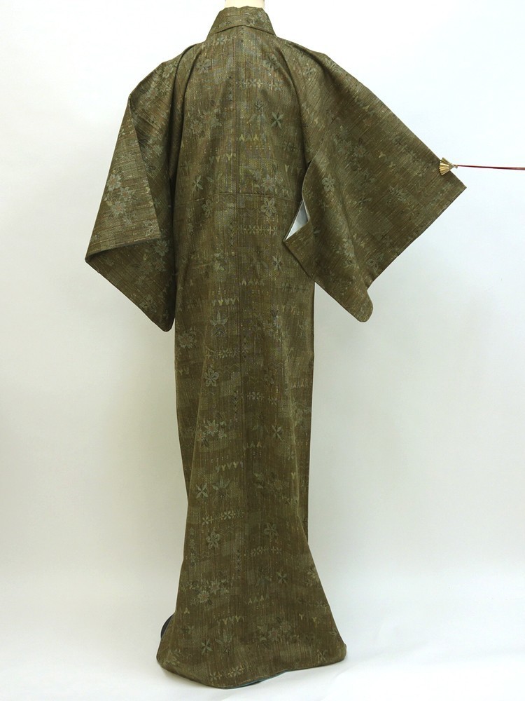 【閉店SALE】1,000→500円◆51016-21◆未使用美品 紬 草花模様 ポリエステル しつけ付き くすんだ緑_画像5