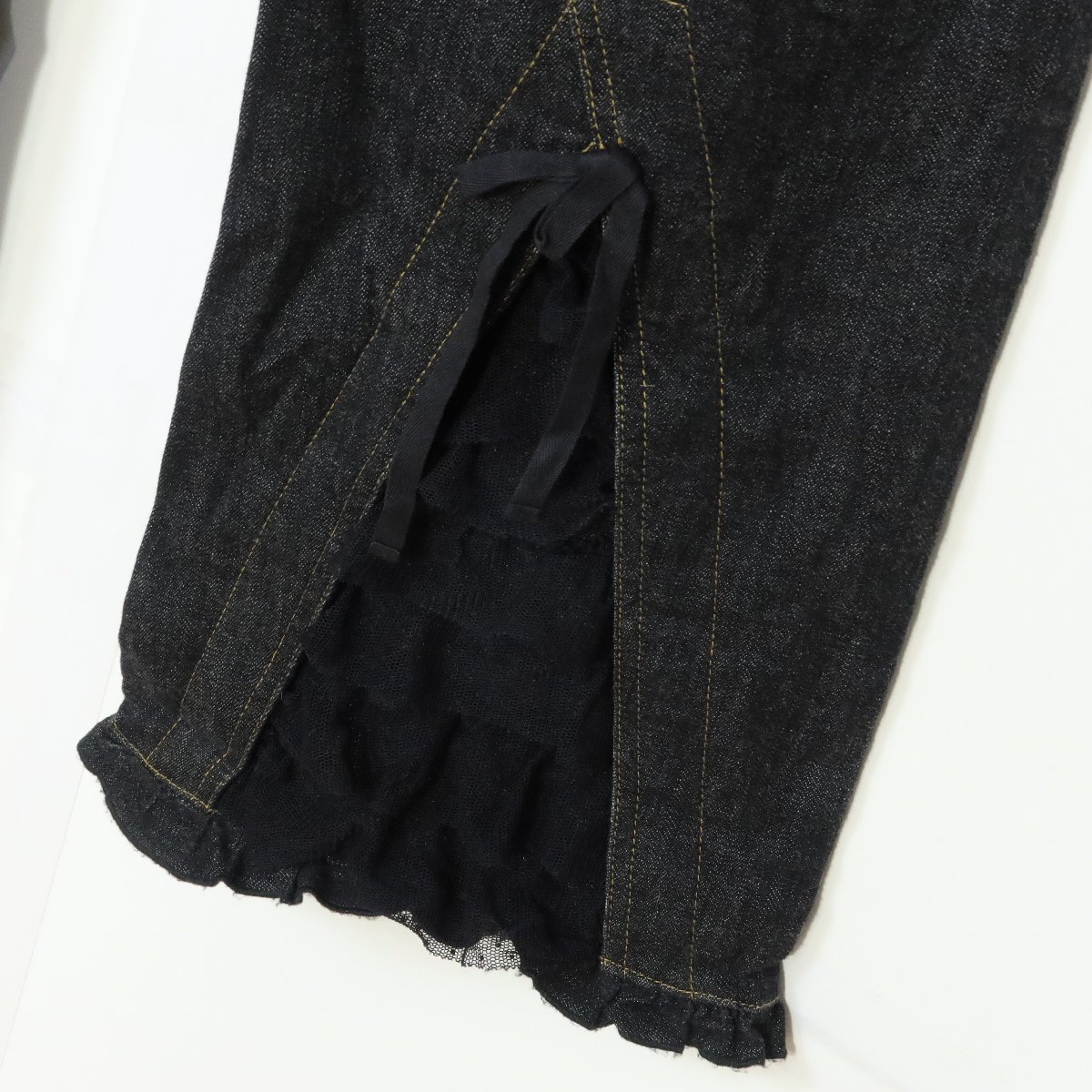 PINK HOUSE* jeans Denim lace ribbon frill pocket equipped pretty Denim flare pants large size L size black series z5355