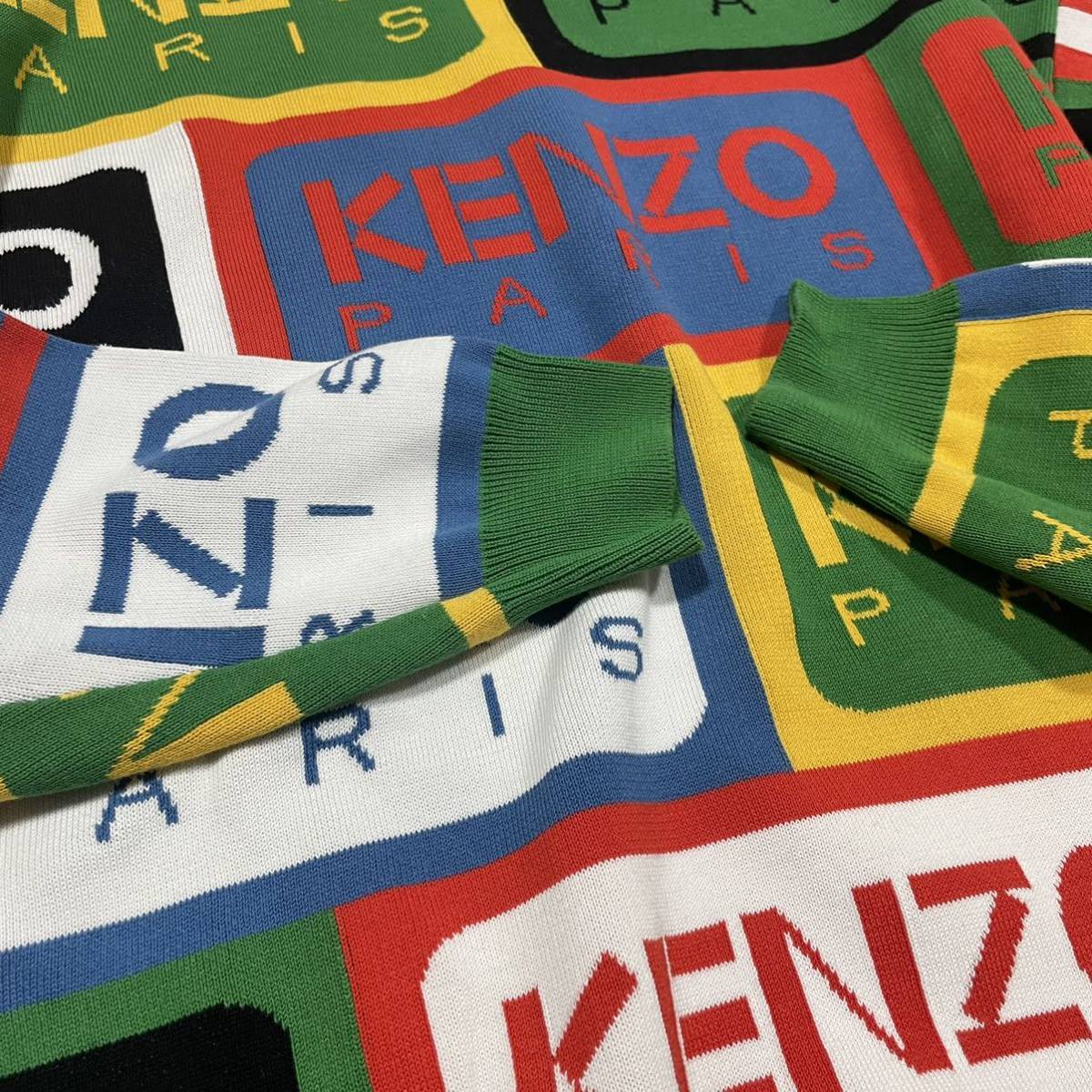 正規品 美品 KENZO ケンゾー インターシャニットロゴセーター カーディガン リブエッジ クルーネック コットン マルチカラー_画像7