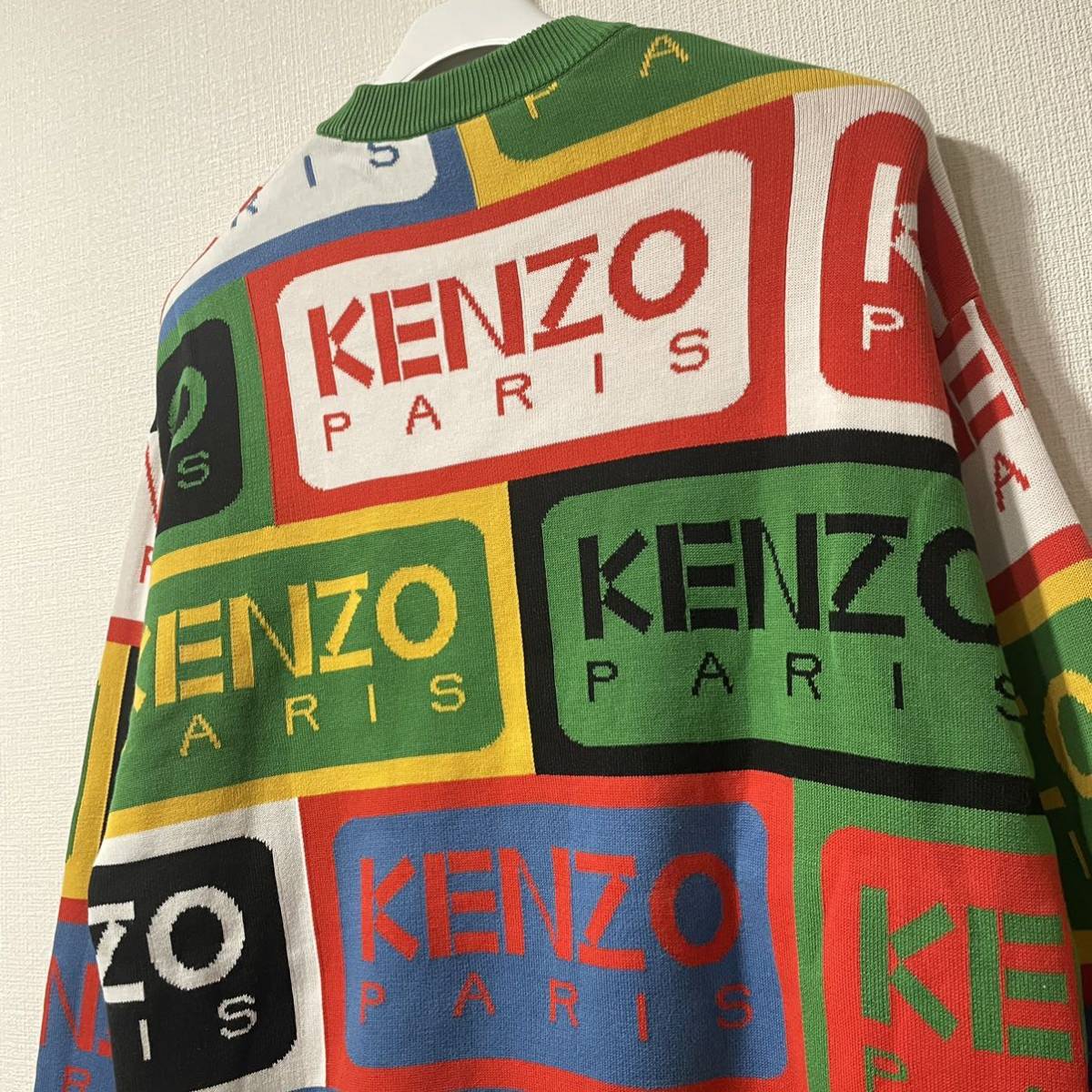 正規品 美品 KENZO ケンゾー インターシャニットロゴセーター カーディガン リブエッジ クルーネック コットン マルチカラー_画像6