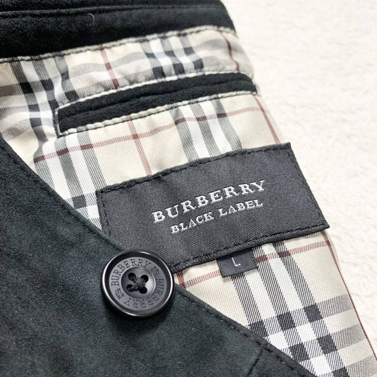 希少L バーバリーブラックレーベル【極上のゴートレザー】BURBERRY BLACK LABEL テーラードジャケット ノバチェック 山羊革 ラム シープ 黒_画像5