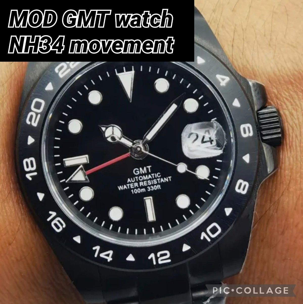 新品 NH34 GMT MOD 自動巻 高品質 ムーブメント 腕時計 オマージュ ノーロゴ ブラック 裏スケルトン カスタム