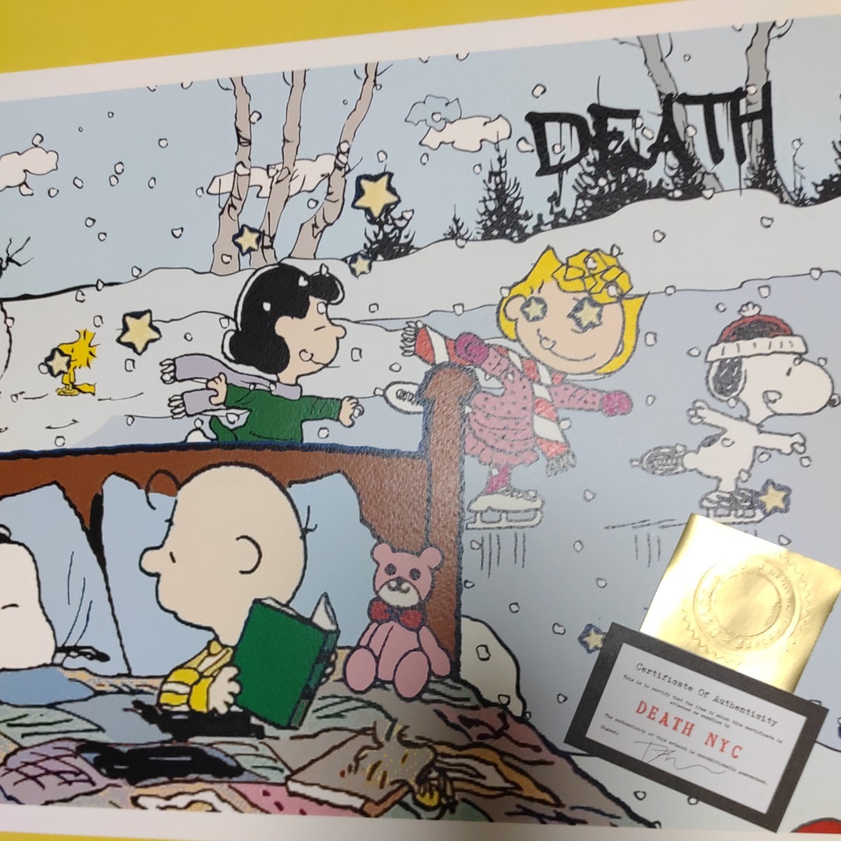 DEATH NYC 世界限定100枚 アートポスター SNOOPY スヌーピー ベッド ドリーミング 夢 スケート 冬休み PEANUTS トム エバハートの画像4