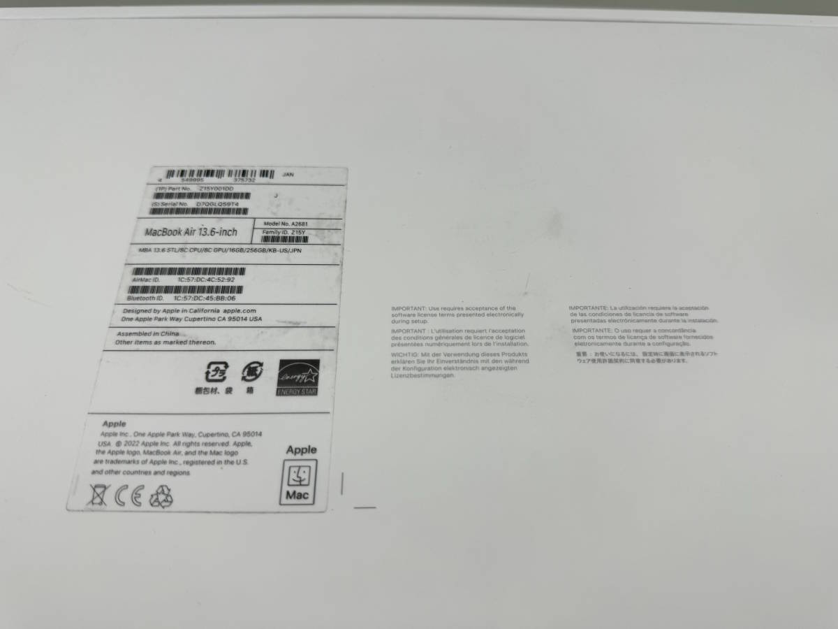 【極備品】MacBook Air M2 16GB 256GB 2022 CTO 13.6インチ ノート PC Apple スターライト 英語配列 USキー_画像10