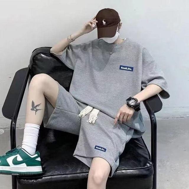 夏 カジュアル 半袖シャツ ショートパンツ 韓國ファッション セットアップ 上下セット メンズ グレー XL_画像2