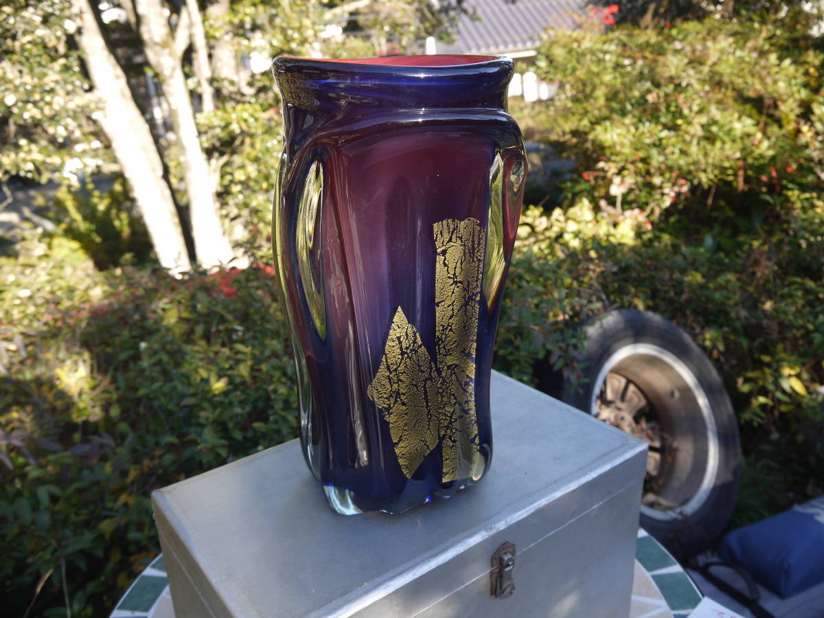 【TS31207】KURATA GLASS ガラス花瓶 フラワーベース 手作り 変形 昭和レトロ/アンティーク ※共箱の画像1