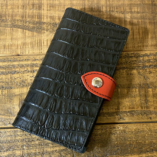 手帳型ケース iPhone 12 pro 用 クロコ型押しレザー スマホケース スマホショルダー 携帯 革 本革 黒 赤 黒糸