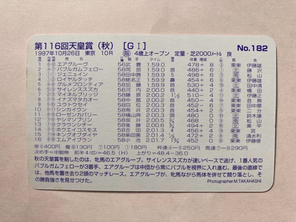 開封済　NO182 第116回天皇賞（秋）　エアグルーヴ　まねき馬倶楽部　競馬　カード_画像2