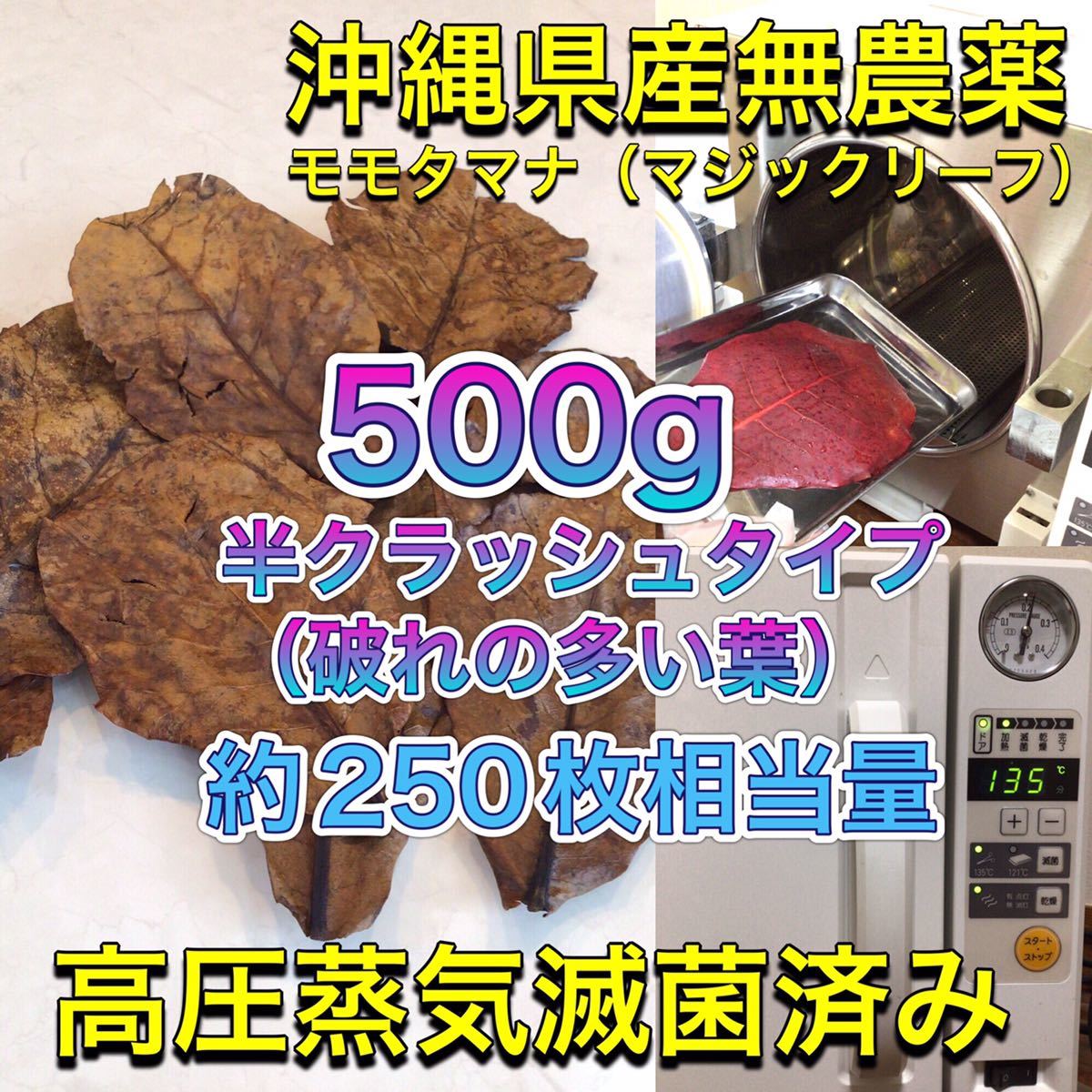 高圧蒸気滅菌済み沖縄県産無農薬マジックリーフ　半クラッシュ（破れの多い葉）500g（サイズランダム）20cm程の葉約250枚相当量