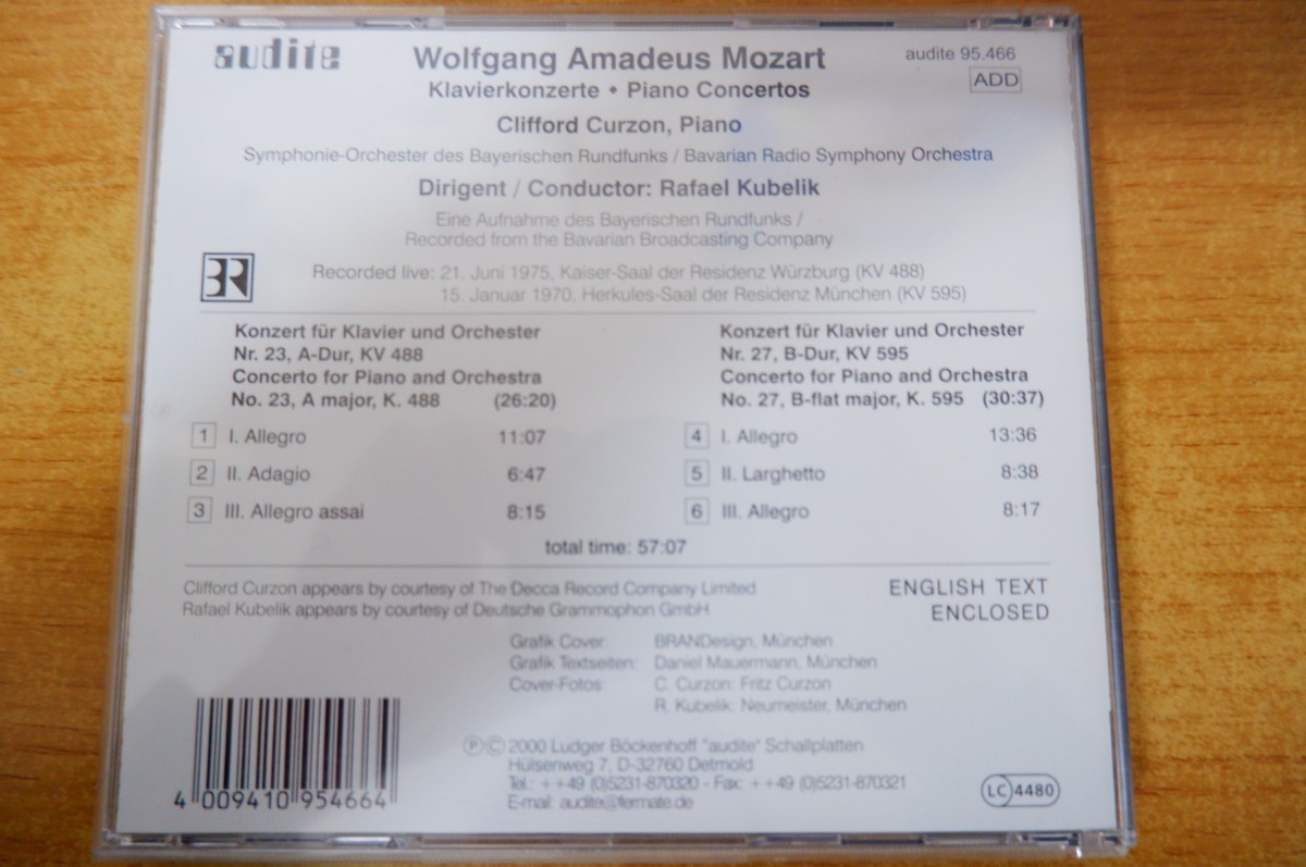 CDk-1901 Wolfgang Amadeus Mozart, Clifford Curzon, Rafael Kubelik, Symphonie-Orchester Des Bayerischen Rundfunks / Piano Concertos_画像2