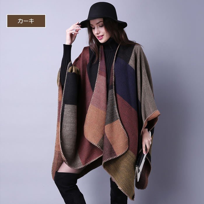  stole poncho mantle coat muffler coat New Year (Spring) sale 2024 cape shawl shoulder .. check pattern autumn winter ( khaki )