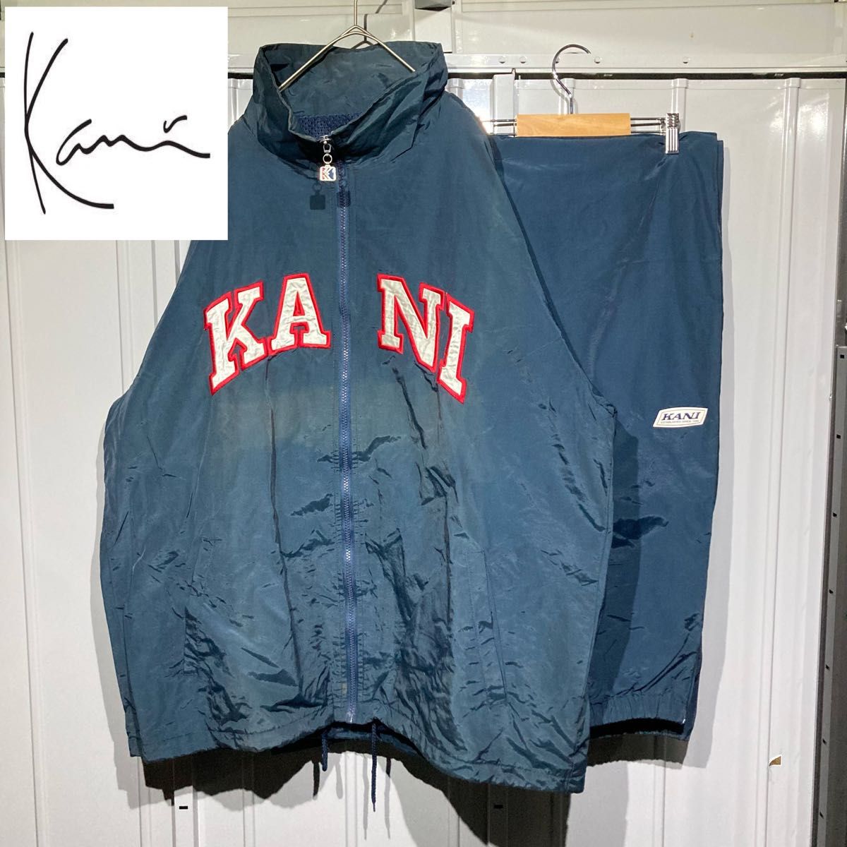 【90s★vintage】KarlKani カールカナイ ナイロンセットアップ ジャケット パンツ シャカシャカ ネイビー XL