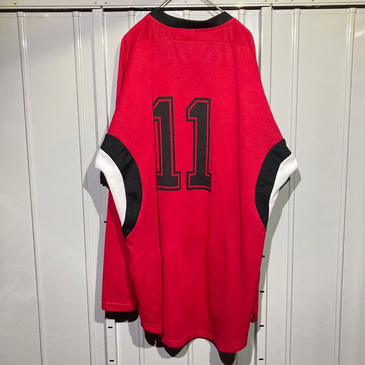 【90s★vintage】TROY NHL ホッケーシャツ ゲームシャツ ユニホーム メッシュ 長袖 usa古着 レッド XL 