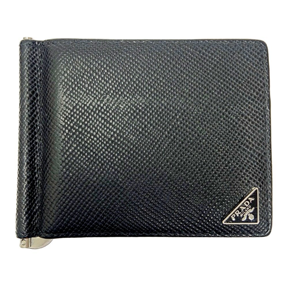 【1円スタート】PRADA プラダ 三角ロゴ レザー ブラック 二つ折り マネークリップ 221273_画像1