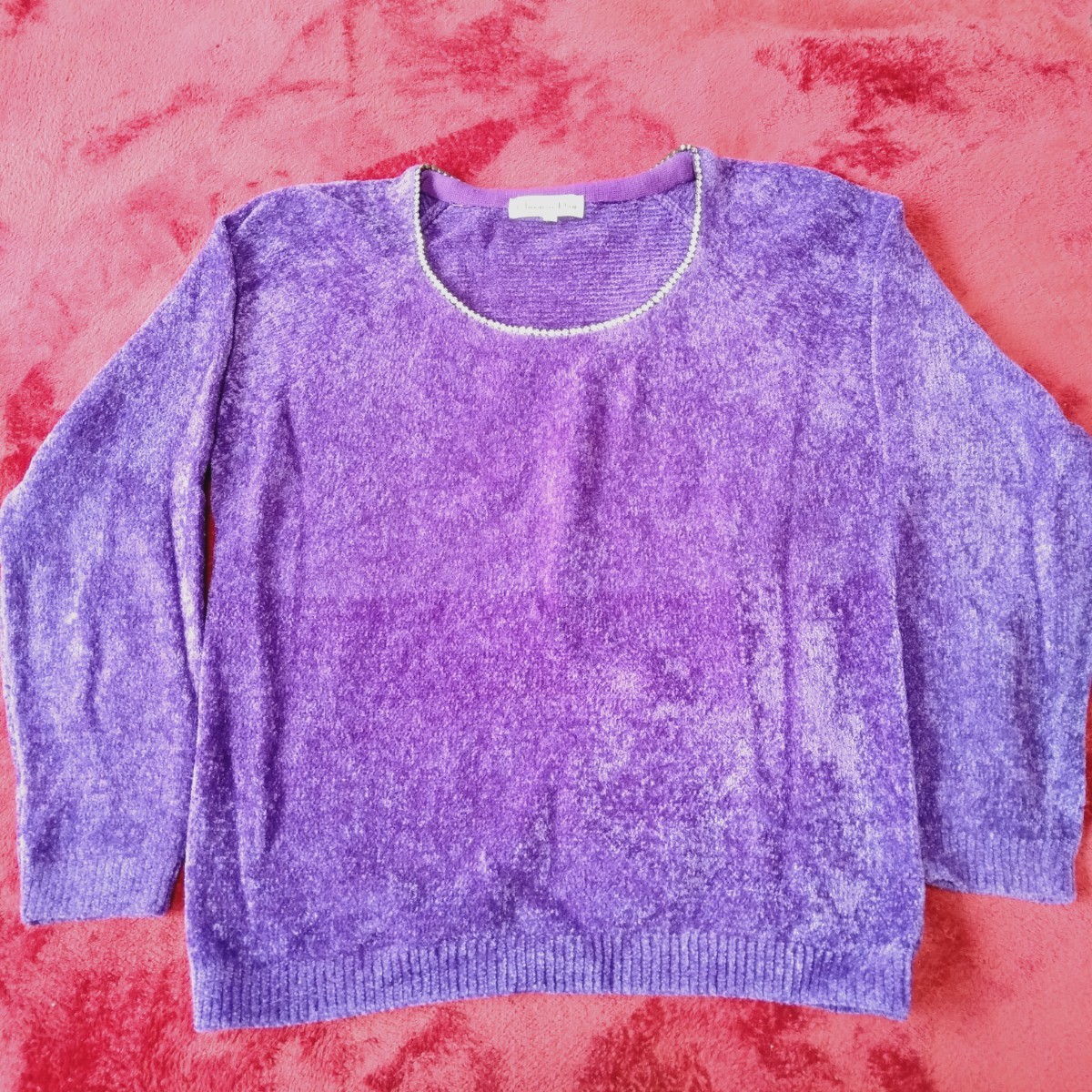 む148 Christian Dior サイズM ニット ナイロン 毛 紫 セーター ラインストーン モールヤーン ディオール 洋服_画像1