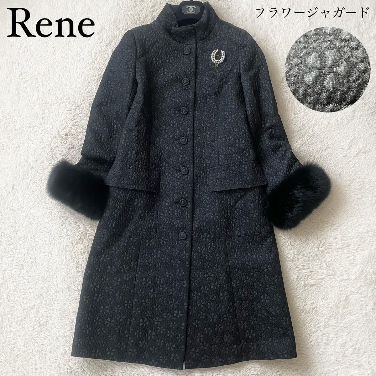 希少Reneカシミア混フォックスファー付きダブルコート ブラック 希少Reneカシミア混フォックスファー付きダブルコート ブラック