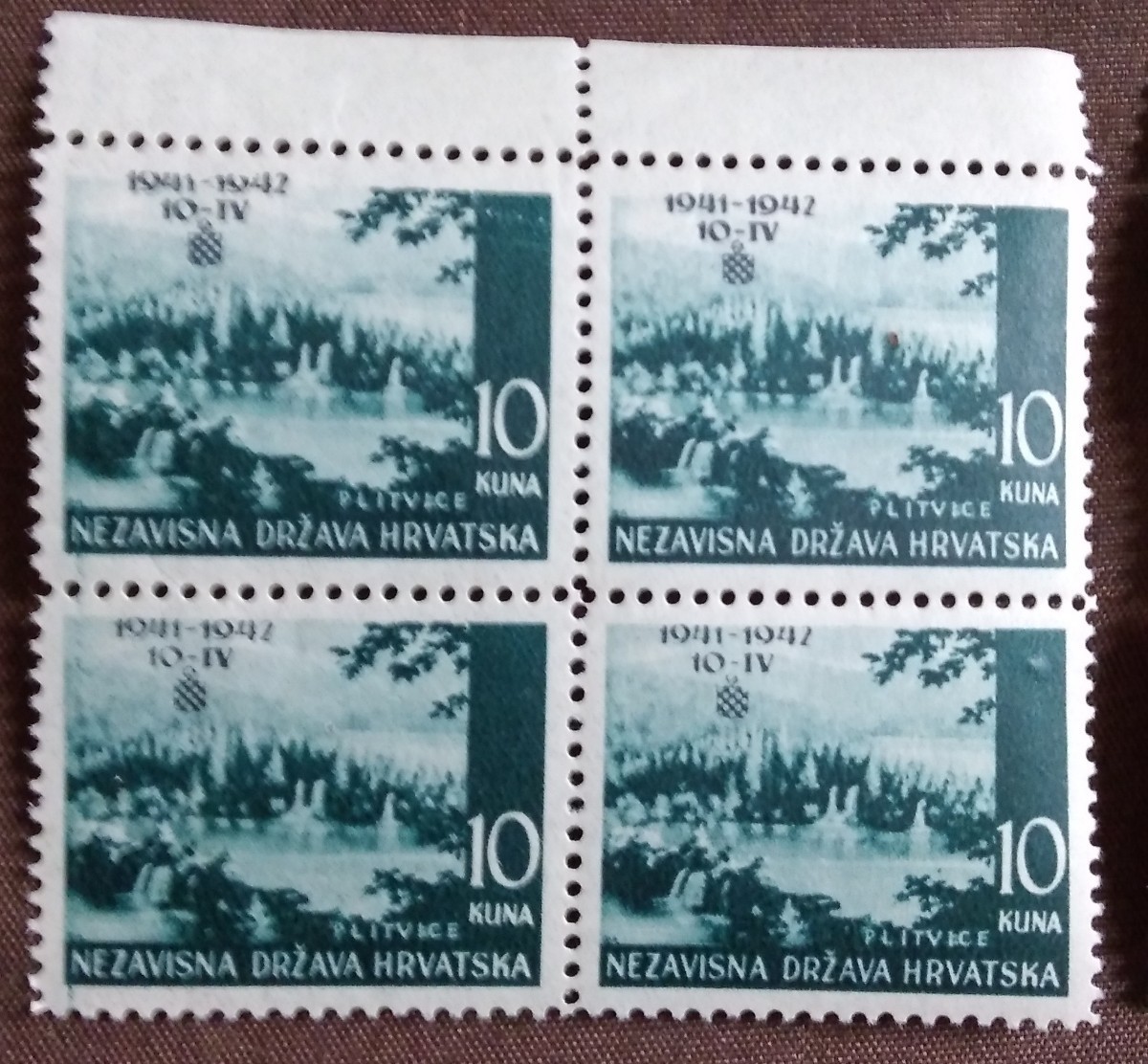 クロアチア　1942 風景　第二次世界大戦　ドイツ第三帝国独立記念　加刷　3完 4枚ブロック一部タブ付き　未使用糊あり　Sc49-51 _画像5