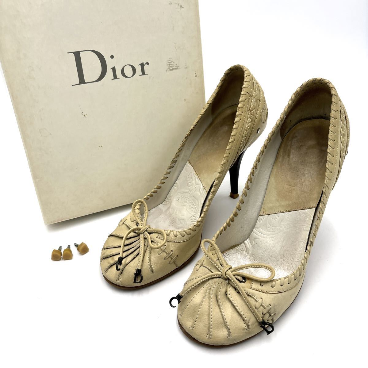 ＊ 箱付き イタリア製 '高級感溢れる' Dior ディオール 本革 リボン ヒール / パンプス EU36.5 22.5cm レディース 婦人靴 シューズ _画像1