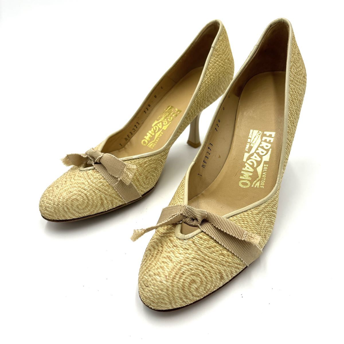 M ＊ 良品 イタリア製 '高級婦人靴' サルヴァトーレフェラガモ Salvatore Ferragamo リボン装飾 ヒール パンプス 8C 25cm レディース 靴