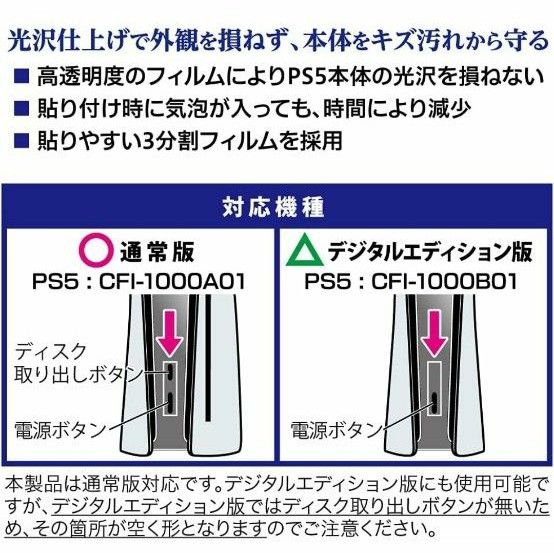 PS5用本体保護フィルム　光沢面保護　日本製フィルム　キズ防止　ホコリ対策　気泡軽減　指紋防止加工