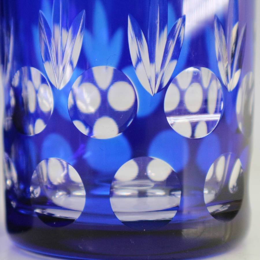 切子ガラス 青色被せ 花模様 タンブラーグラス4客セット ◆731f24_画像3