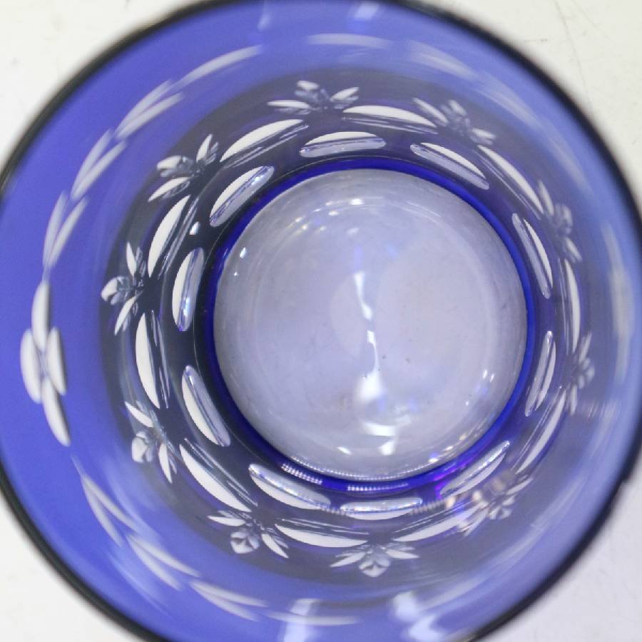 切子ガラス 青色被せ 花模様 タンブラーグラス4客セット ◆731f24_画像4