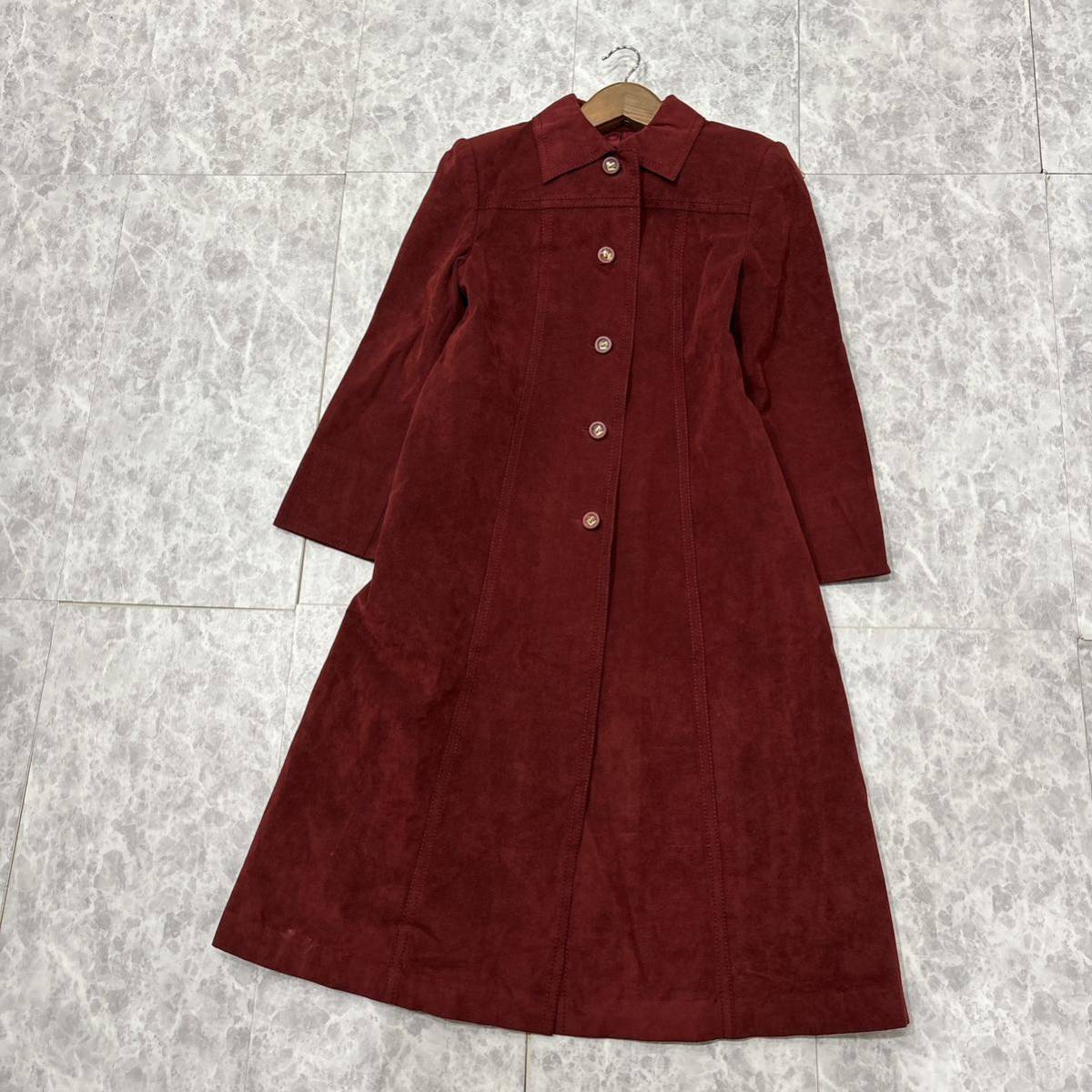 KK ＊ エレガント '希少 70's ビンテージ' SAHASHI YOSHIKO サレーヌ FAKE LEATHER スエード ロング ステンカラーコート size11 レディース_画像2