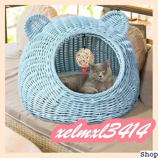 CHQ1860# 猫ハウス ブルー S おもちゃのボール付き クッション付き ペ ペットソファ 手編み ドーム型 猫ベッ_画像6