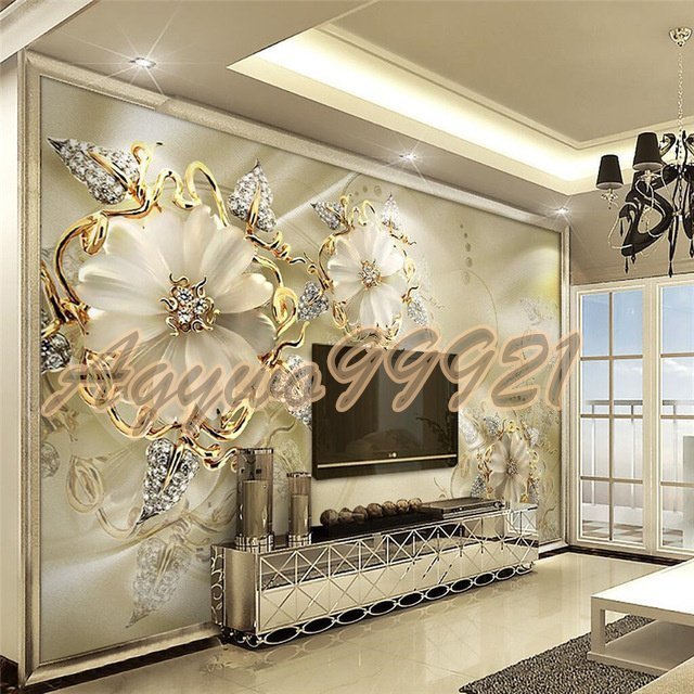 カスタム 3D壁画壁紙 ヨーロッパスタイル ダイヤモンドジュエリー 黄金の花の背景 リビングルーム_画像1