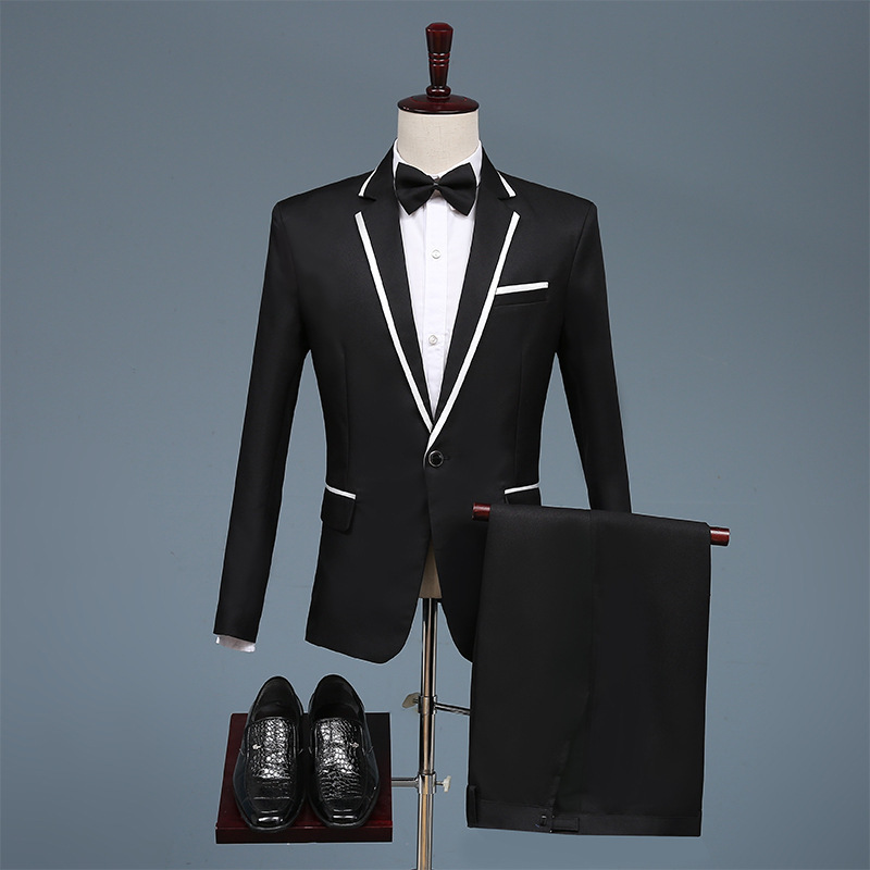  new goods fine quality 2 point set white ( white )+ black line 2 color. development suit men's suit set tuxedo outer garment trousers S~2XL musical performance . Mai pcs costume black 