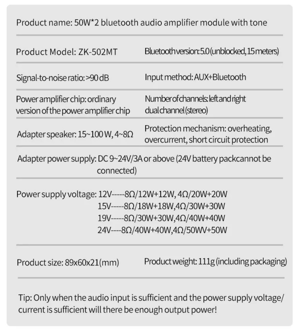 PCBシャーシ付 ZK-502MT Bluetooth パワーアンプ基板 最大50W+50W DC12V/8Ω DC24V/4Ω_画像2