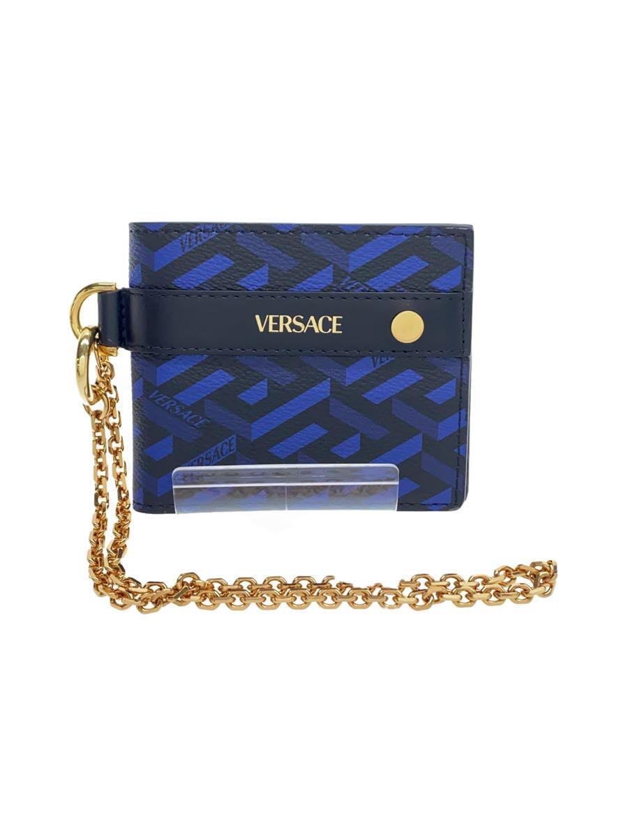 VERSACE◆チェーン付/ラグレカ/2つ折り財布/レザー/NVY/総柄