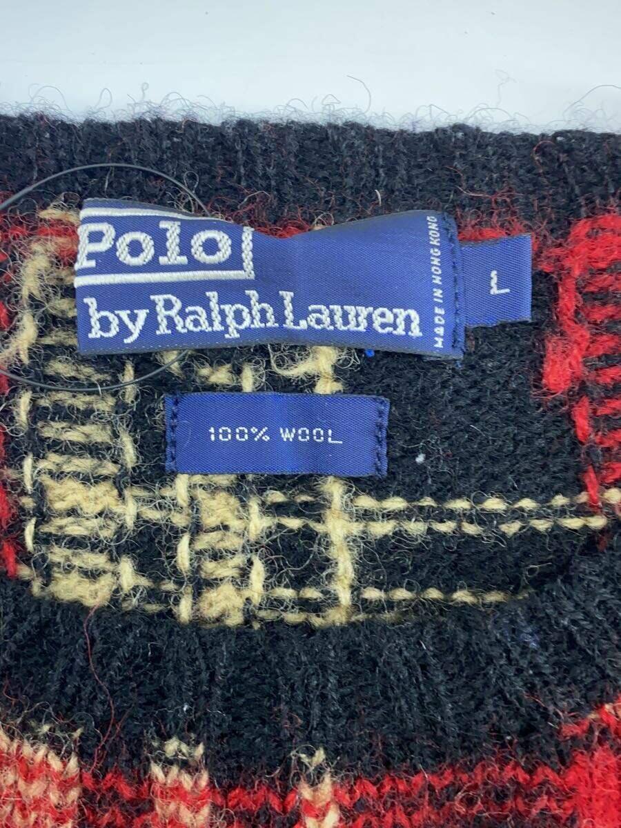 POLO RALPH LAUREN◆90s/check wool knit sweater/セーター(厚手)/L/ウール/RED/チェック_画像3