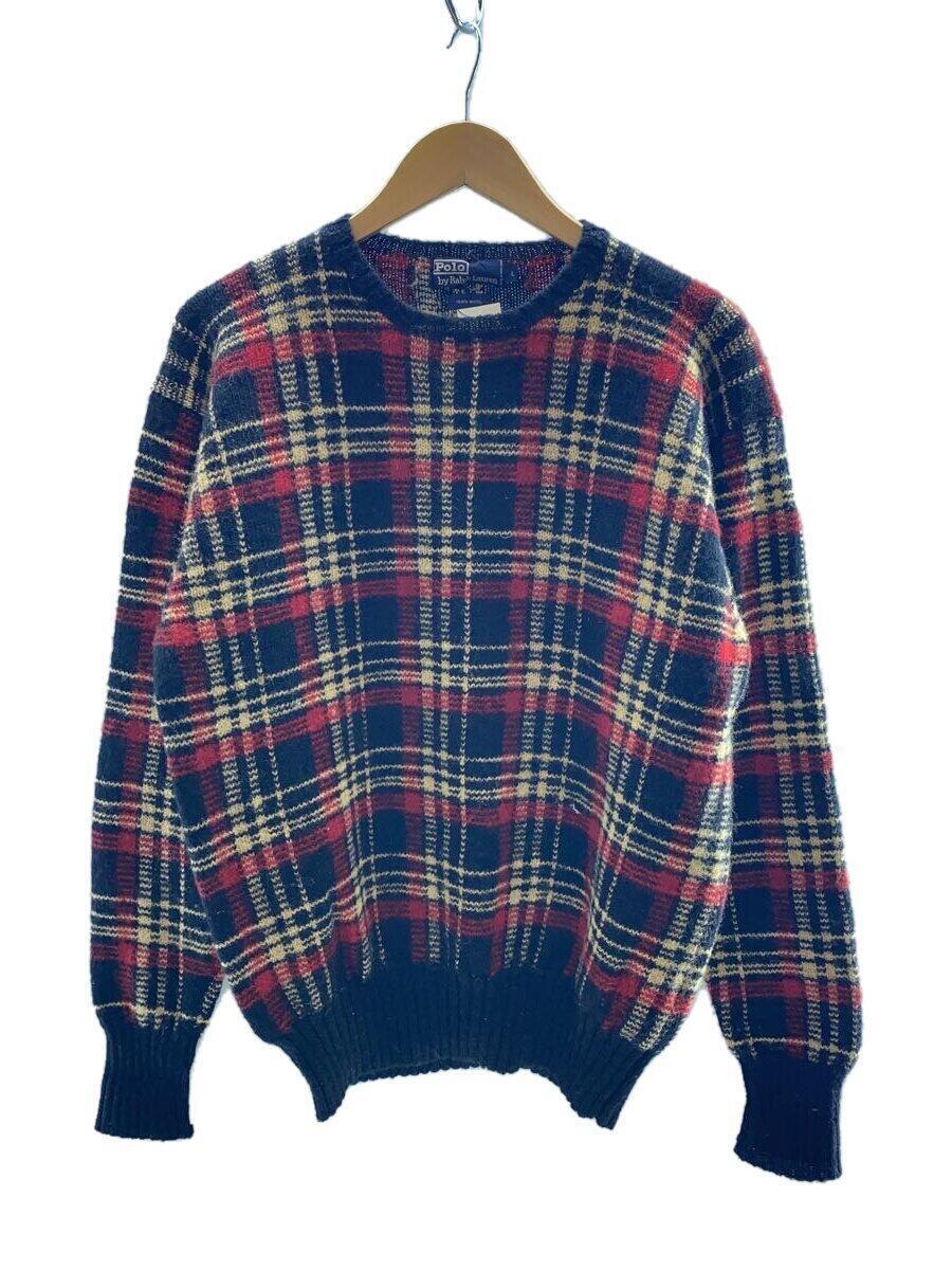 POLO RALPH LAUREN◆90s/check wool knit sweater/セーター(厚手)/L/ウール/RED/チェック_画像1