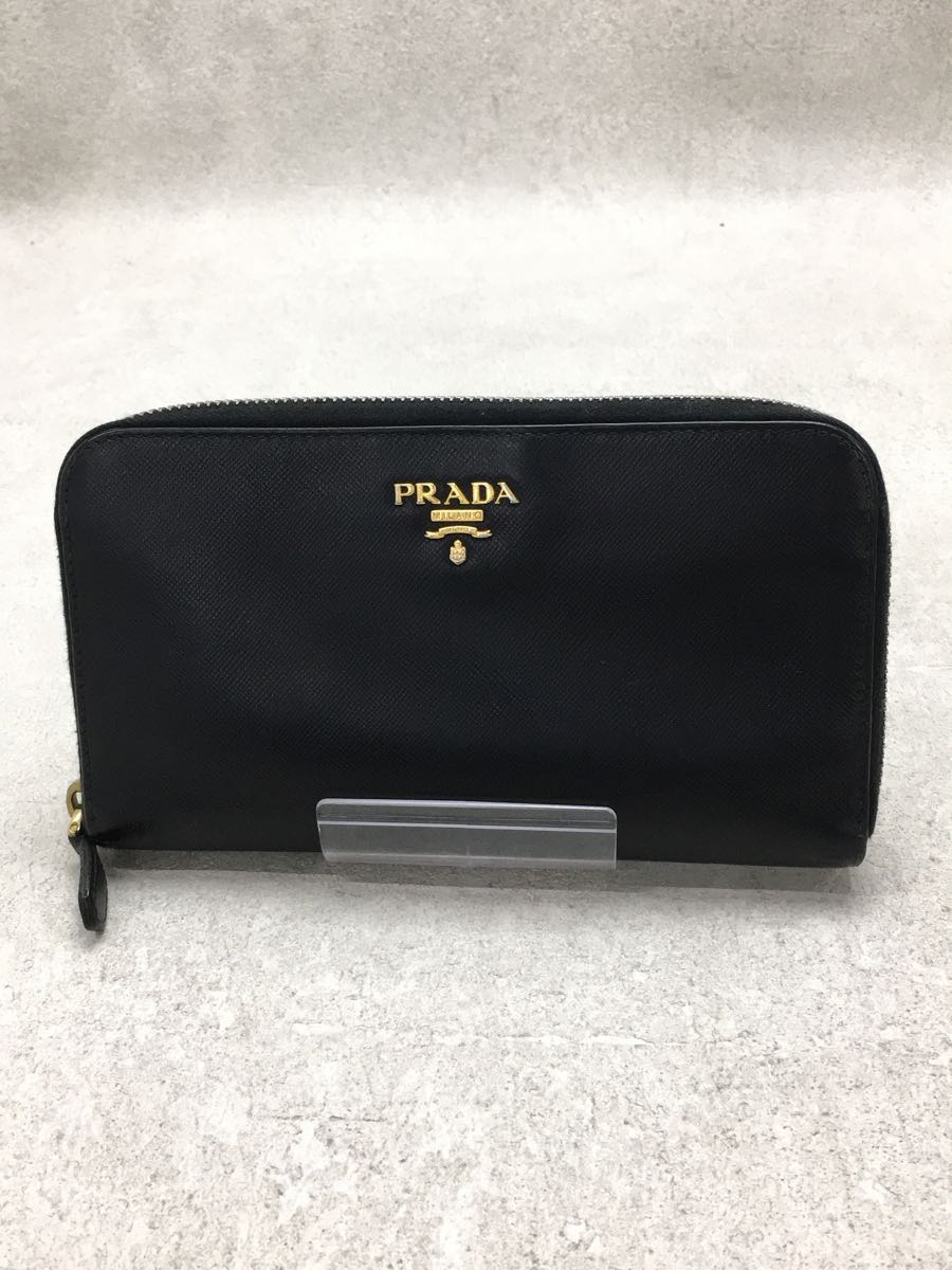 PRADA◆SAFFIANO/NERO/ラウンドジップ/長財布/レザー/BLK/無地/キズ有/型崩れ有