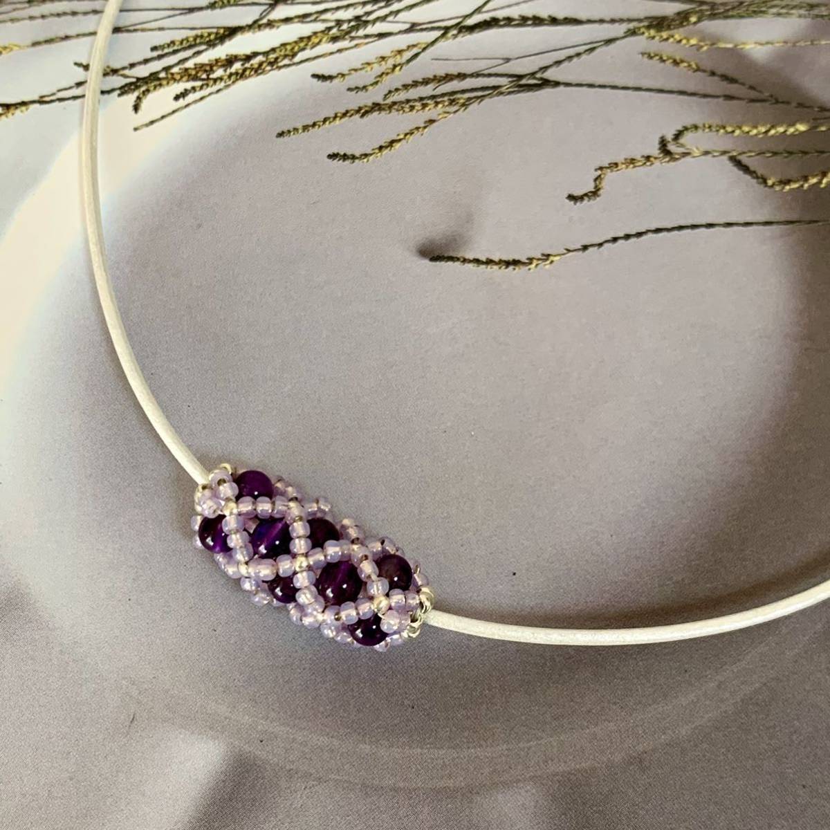  hand made * natural stone amethyst tube motif leather string choker necklace purple white 37~41.No.1911