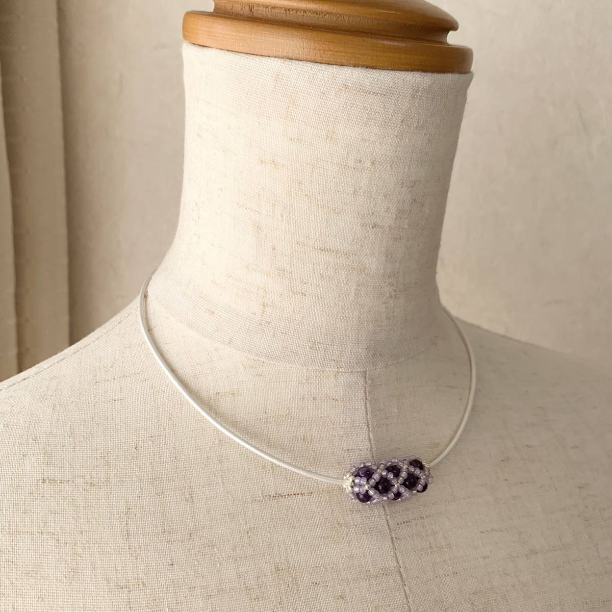  hand made * natural stone amethyst tube motif leather string choker necklace purple white 37~41.No.1911