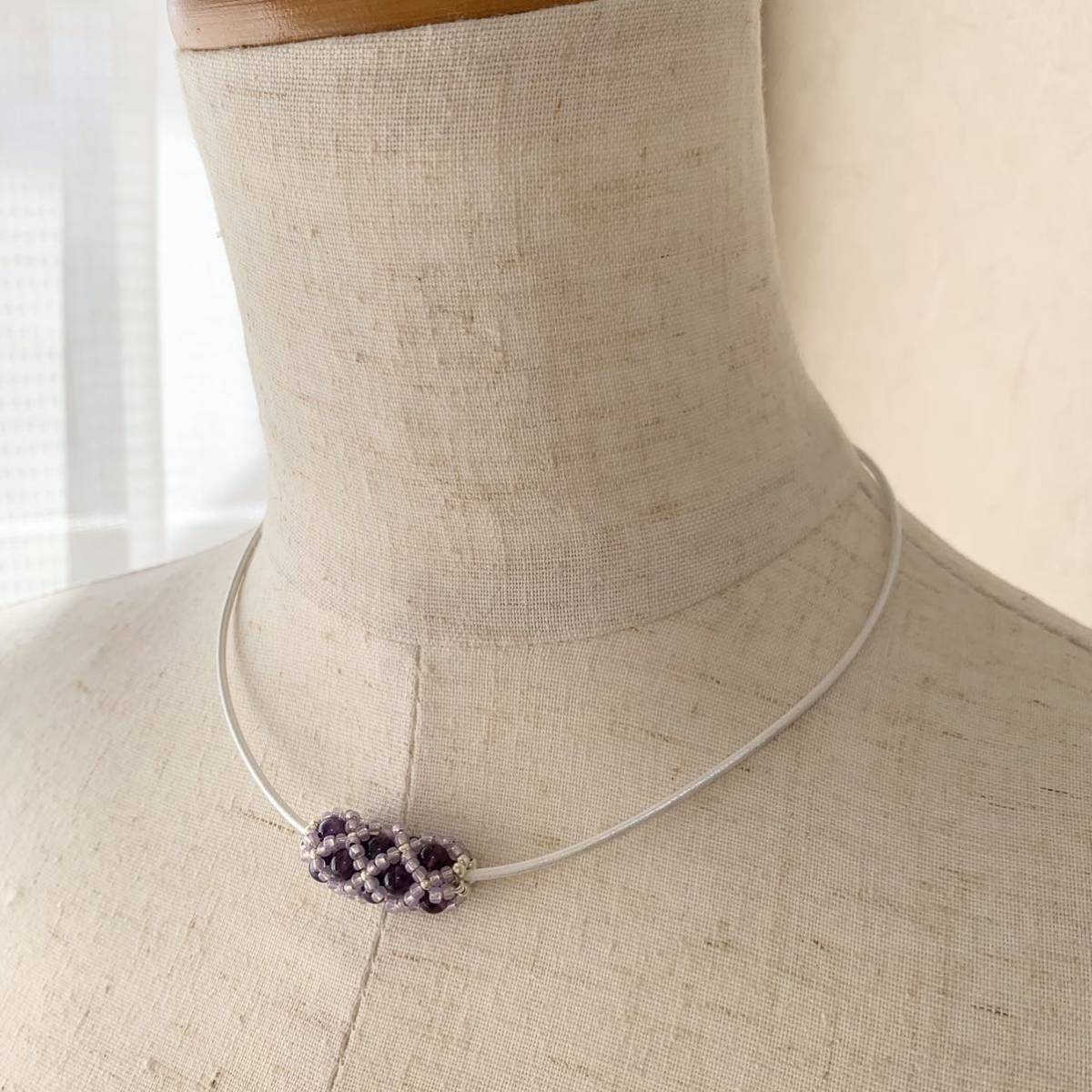  hand made * natural stone amethyst tube motif leather string choker necklace purple white 37~41.No.1911