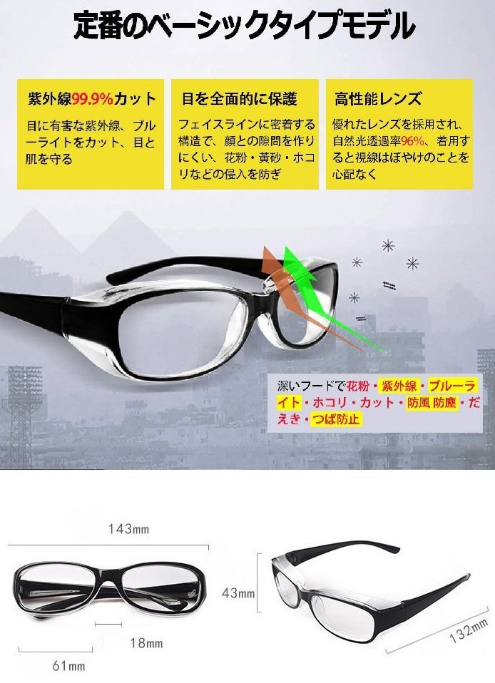 【vaps_2】花粉メガネ 《ブラック》 多機能眼鏡 アイサポーター 防塵メガネ 紫外線 粉塵 PM2.5 対策 メンズ レディース 送込_画像3