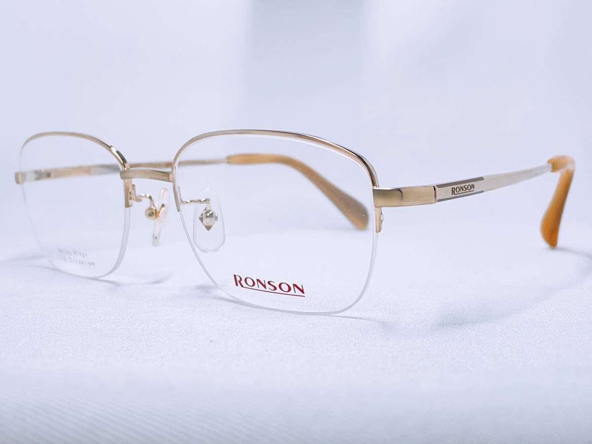 7B25 メガネ メガネフレーム 眼鏡 RONSON ロンソン ブランド チタン 軽量 20g ハーフリム 金属 メンズ 男性 女性 レディース シンプル 金色_画像1