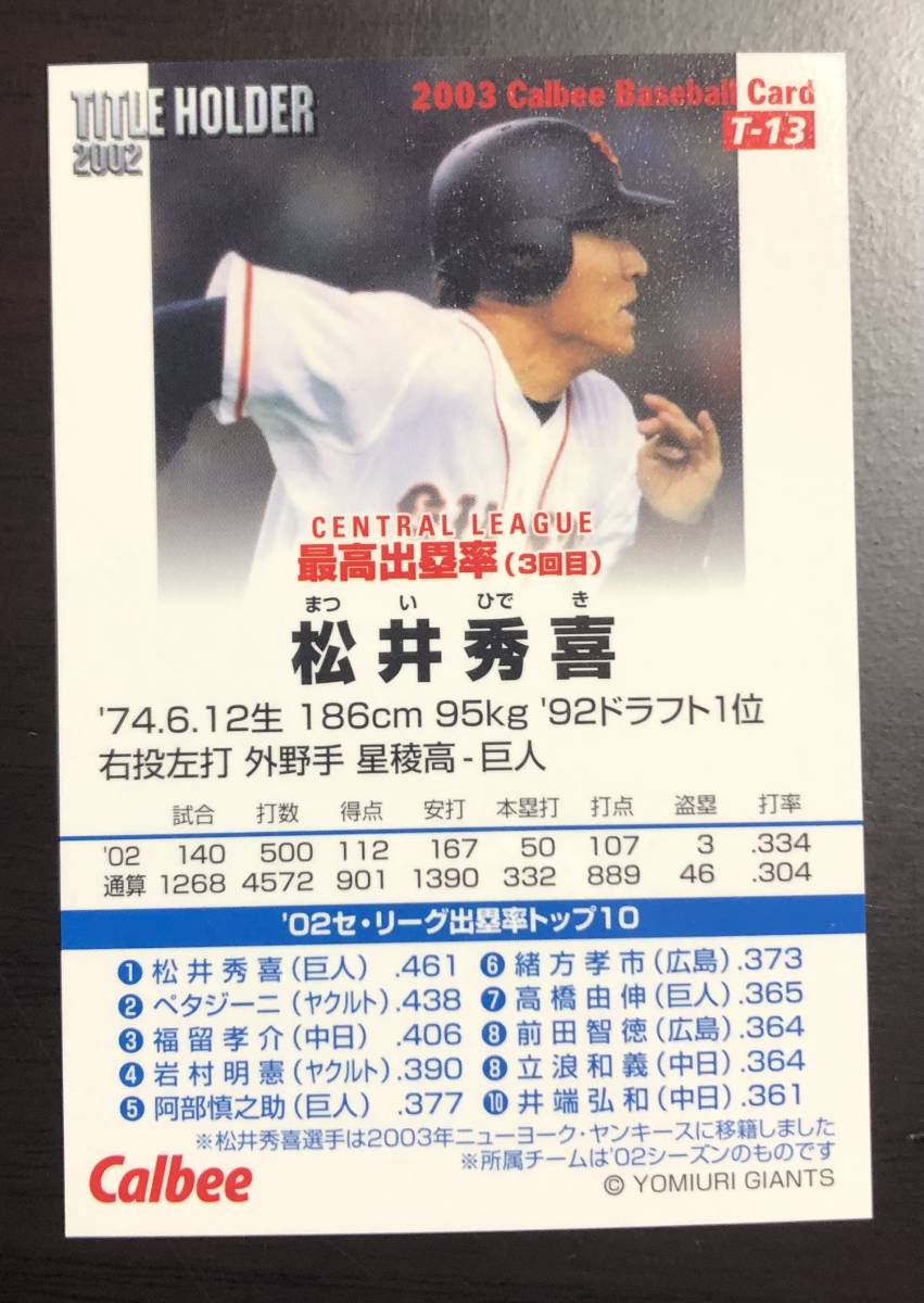 カルビープロ野球チップス2003　 タイトルホルダーカード　T-13　松井秀喜　サイン_画像2