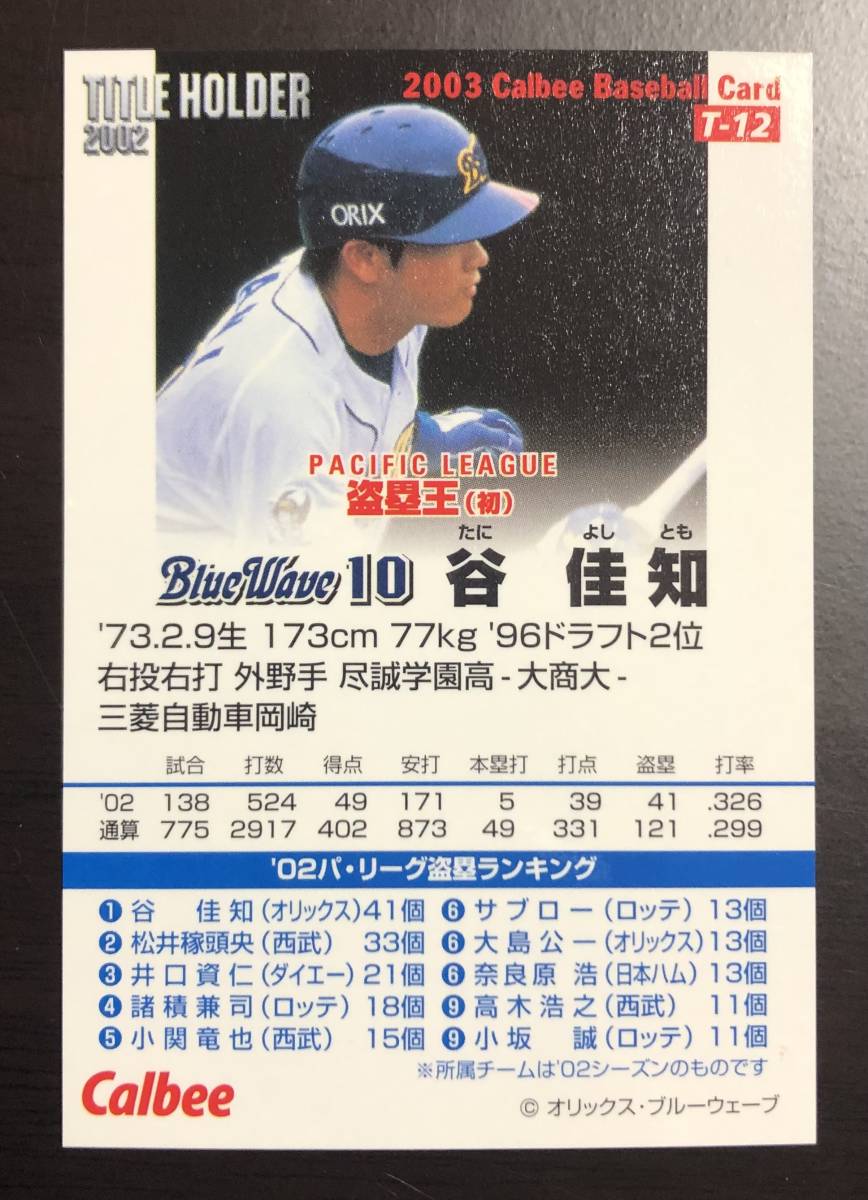 カルビープロ野球チップス2003　 タイトルホルダーカード　T-12　谷 佳知　サイン_画像2