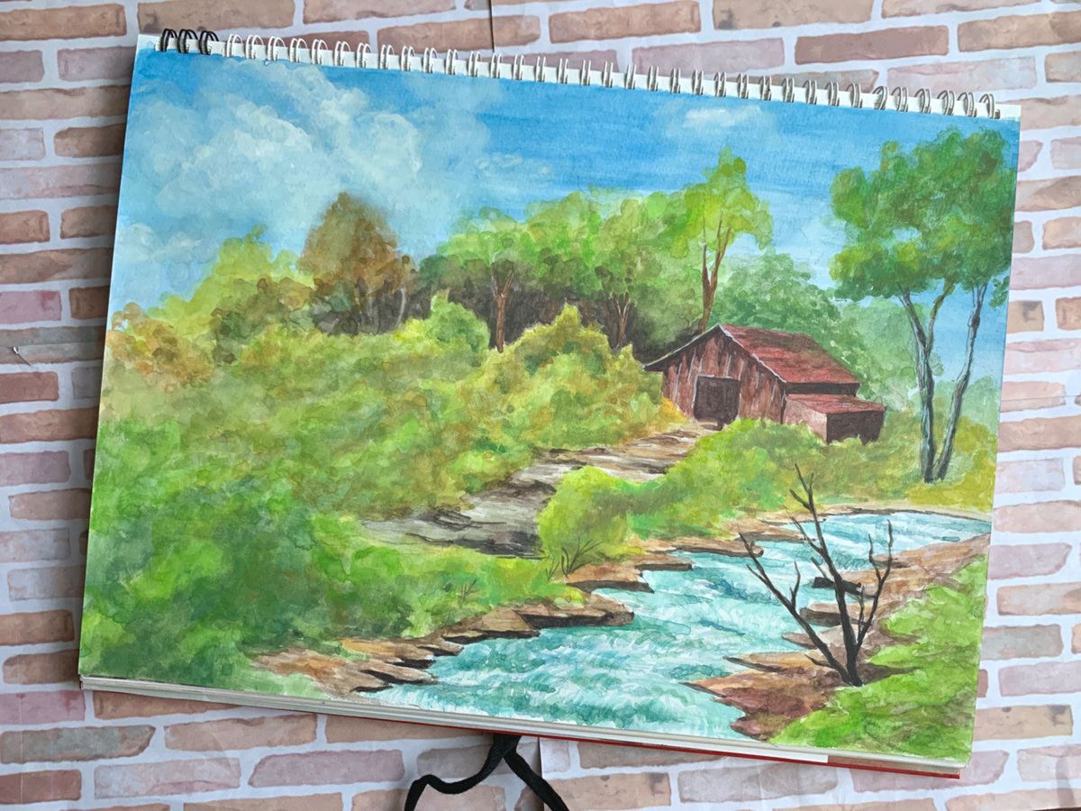 水彩画 川のせせらぎ 原画 真作 絵画 インテリア イラスト 手描き 風景 風景画 川 水辺 景色 日本画 写実画 リアル 絵