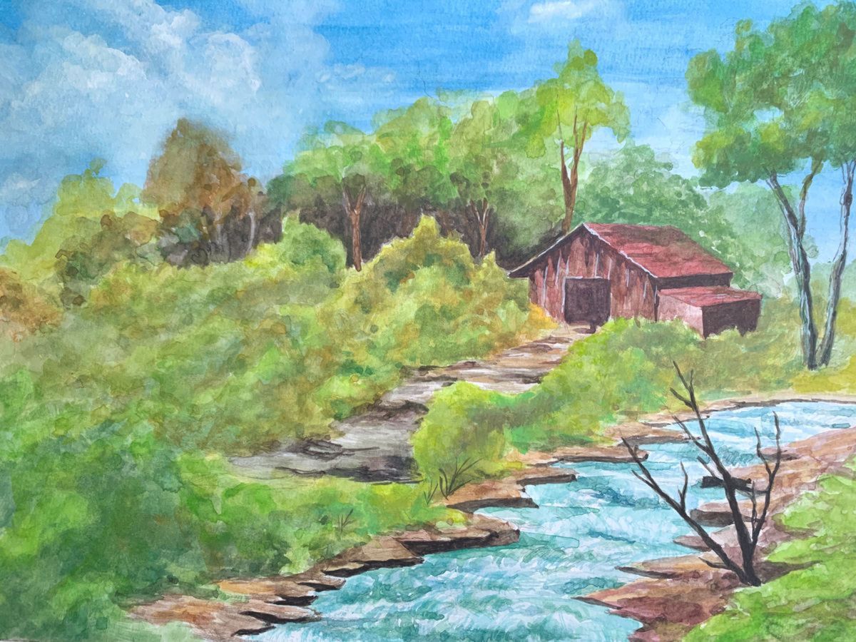 水彩画 川のせせらぎ 原画 絵画 インテリア イラスト 手描き 風景 風景画 川 新緑 水辺 景色 日本画 写実画 リアル 絵