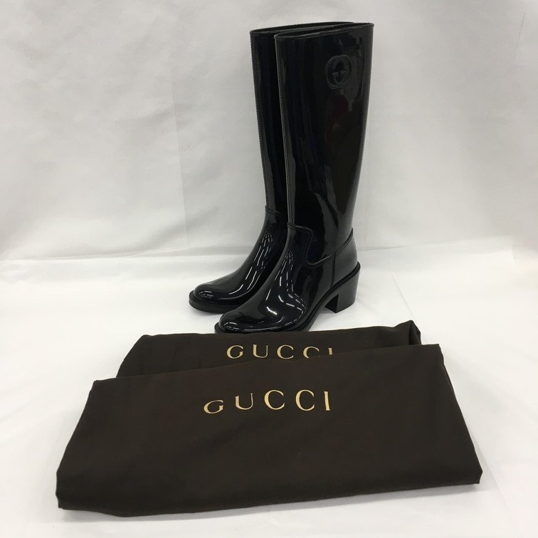 GUCCI グッチ ロングブーツ 37 ラバー 黒 保存袋あり【BLAG7033】_画像8