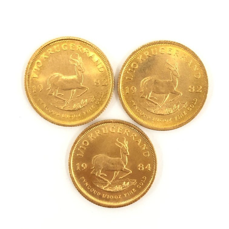 K22　南アフリカ共和国　クルーガーランド金貨　1/10oz　3枚まとめ　総重量10.1g【BLAU6052】_画像1
