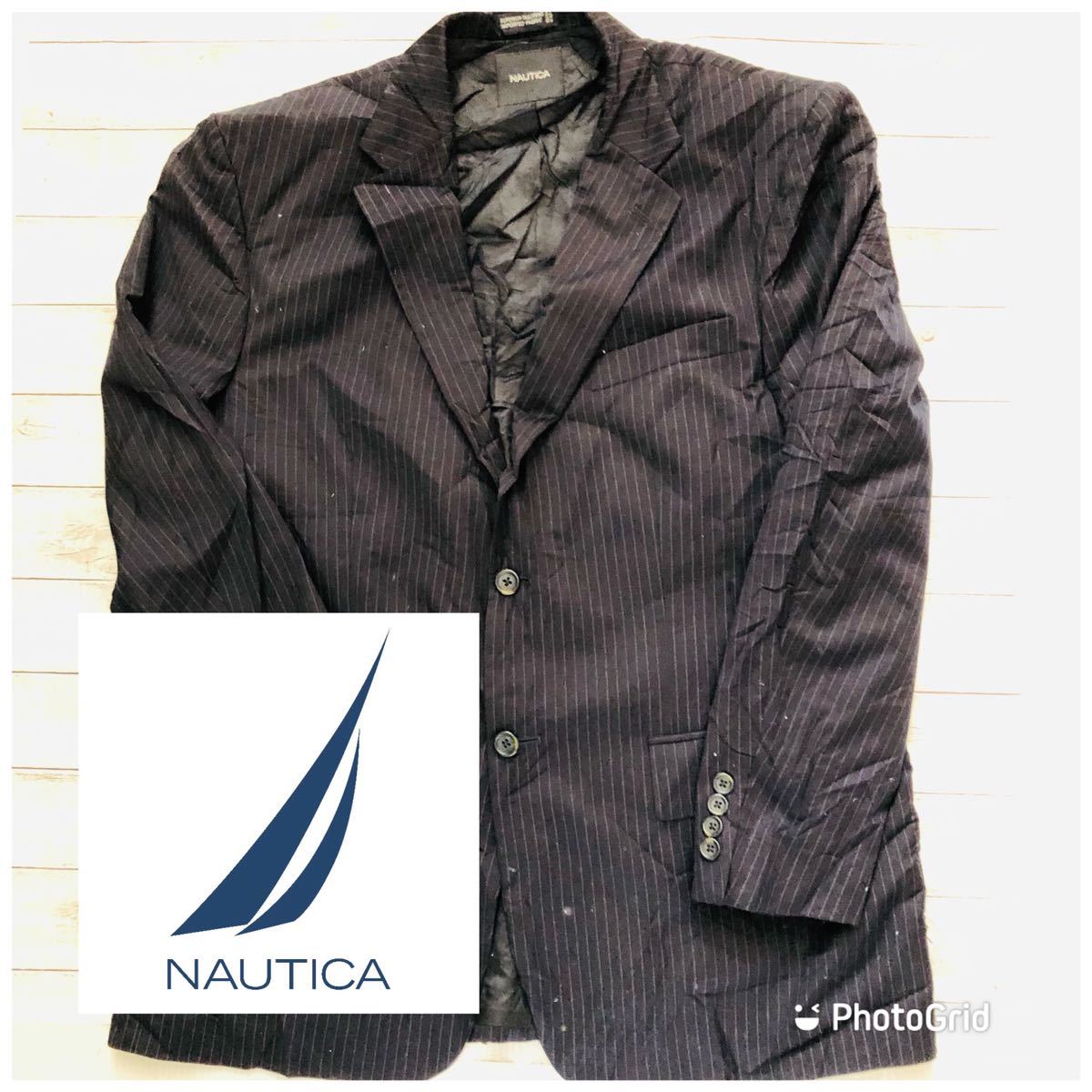 ビッグサイズ　ノーティカ　NAUTICA XLくらい　ウール　ストライプ　テーラードジャケット　ネイビー_画像1
