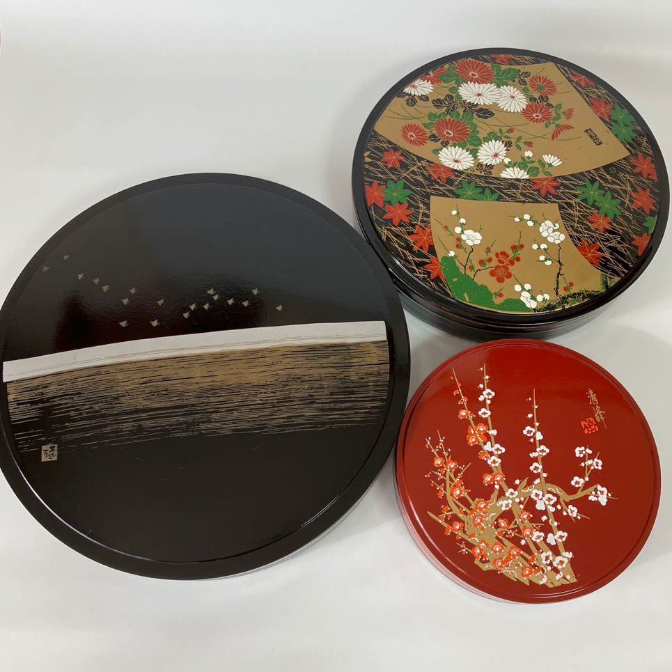 寿司桶　蓋付き　ふたつき　丸型　一段お重　合成漆器　3個セット　盛り鉢　菓子器　オードル　パーティ　寿司　ちらし寿司　おせち_画像1