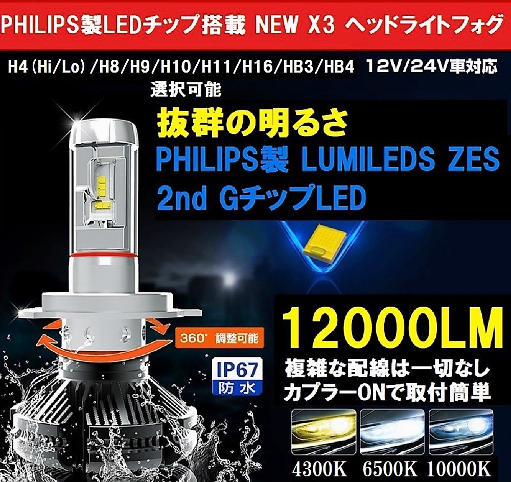  原文:Philips 2019年進化版 NEW X3 LED ヘッドライトフォグ 12000LM 12V/24V対応 H4/H8/H9/H10/H11/H16/HB3/HB4選択可 10000K/6500K/4300K変更可