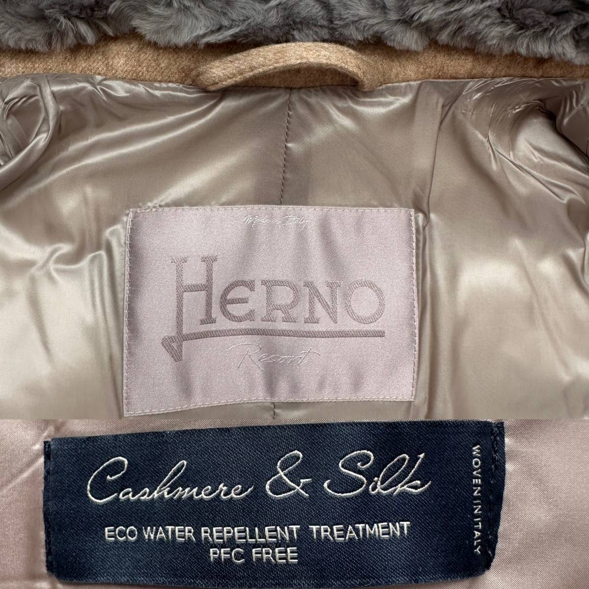 極上36,3万 HERNO RESORT ヘルノ リゾート ダウンジャケット 最上級ライン カシミア シルク 毛皮 ビーバー CAMEL 44サイズ